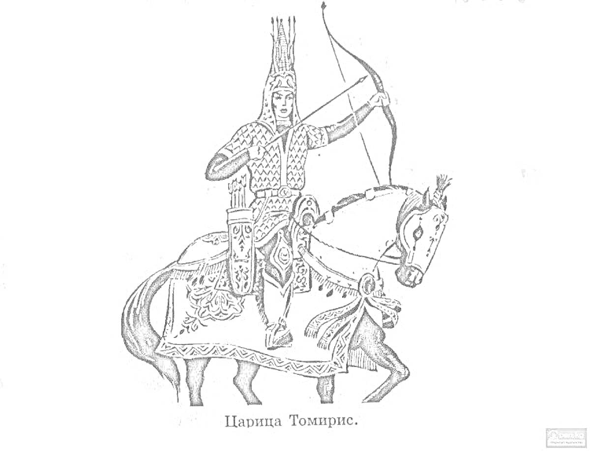 На раскраске изображено: Лошадь, Лук, Всадник, Древность, Исторический персонаж