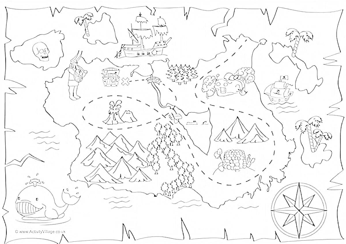 На раскраске изображено: Карта, Пиратский корабль, Сундук с сокровищами, Горы, Череп, Пальмы, Компас, Приключения, Сокровища