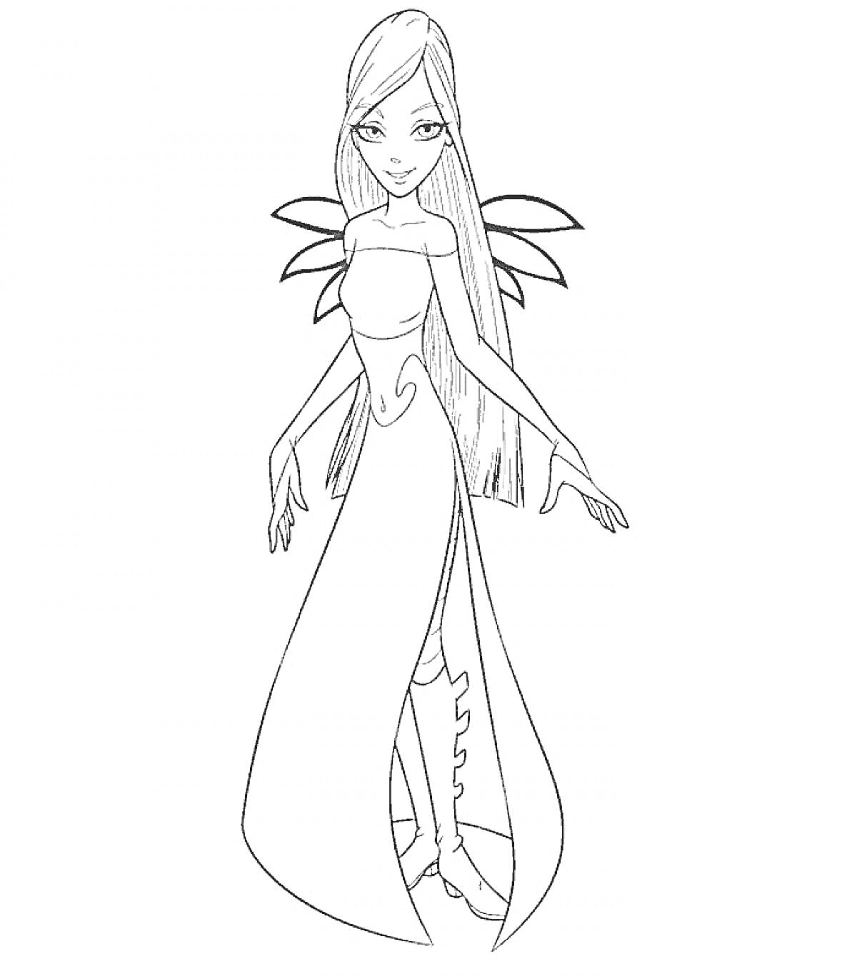 Раскраска Чародейка с длинными волосами, в длинном платье и крыльями