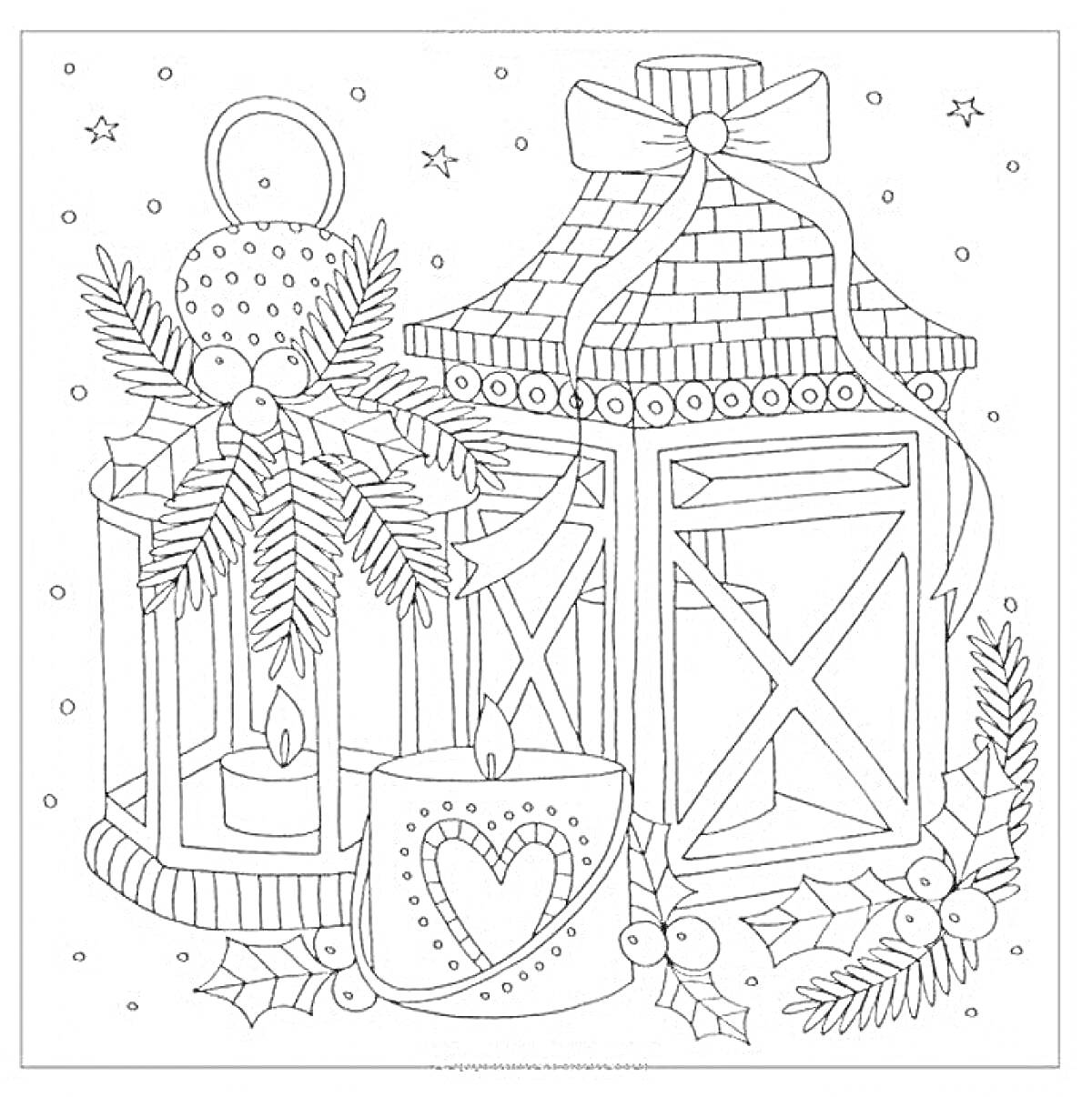 Раскраска Фонарики, свеча в форме сердца, еловые ветки, ягоды и декоративные элементы с бантом