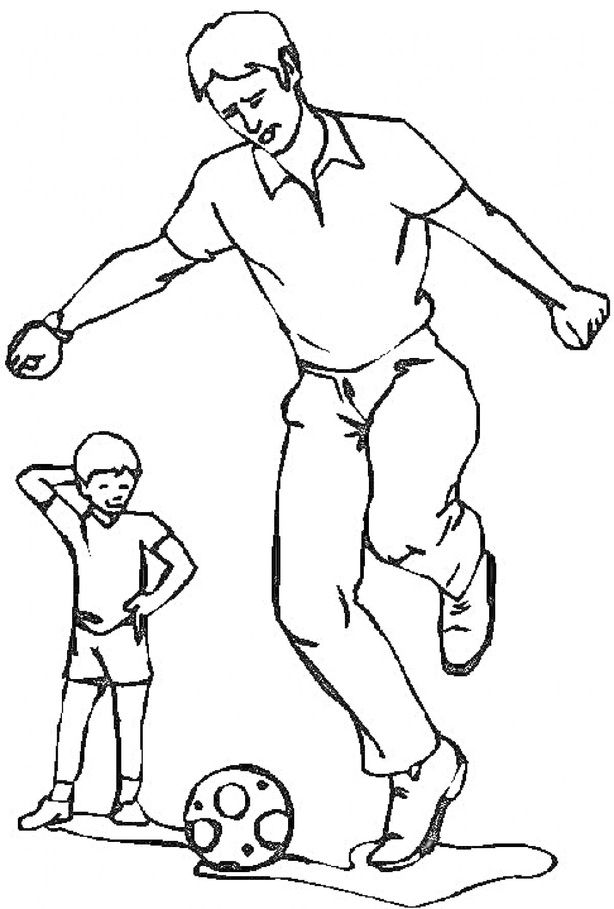 Раскраска Папа и сын играют в футбол, младший стоит, старший бьет по мячу