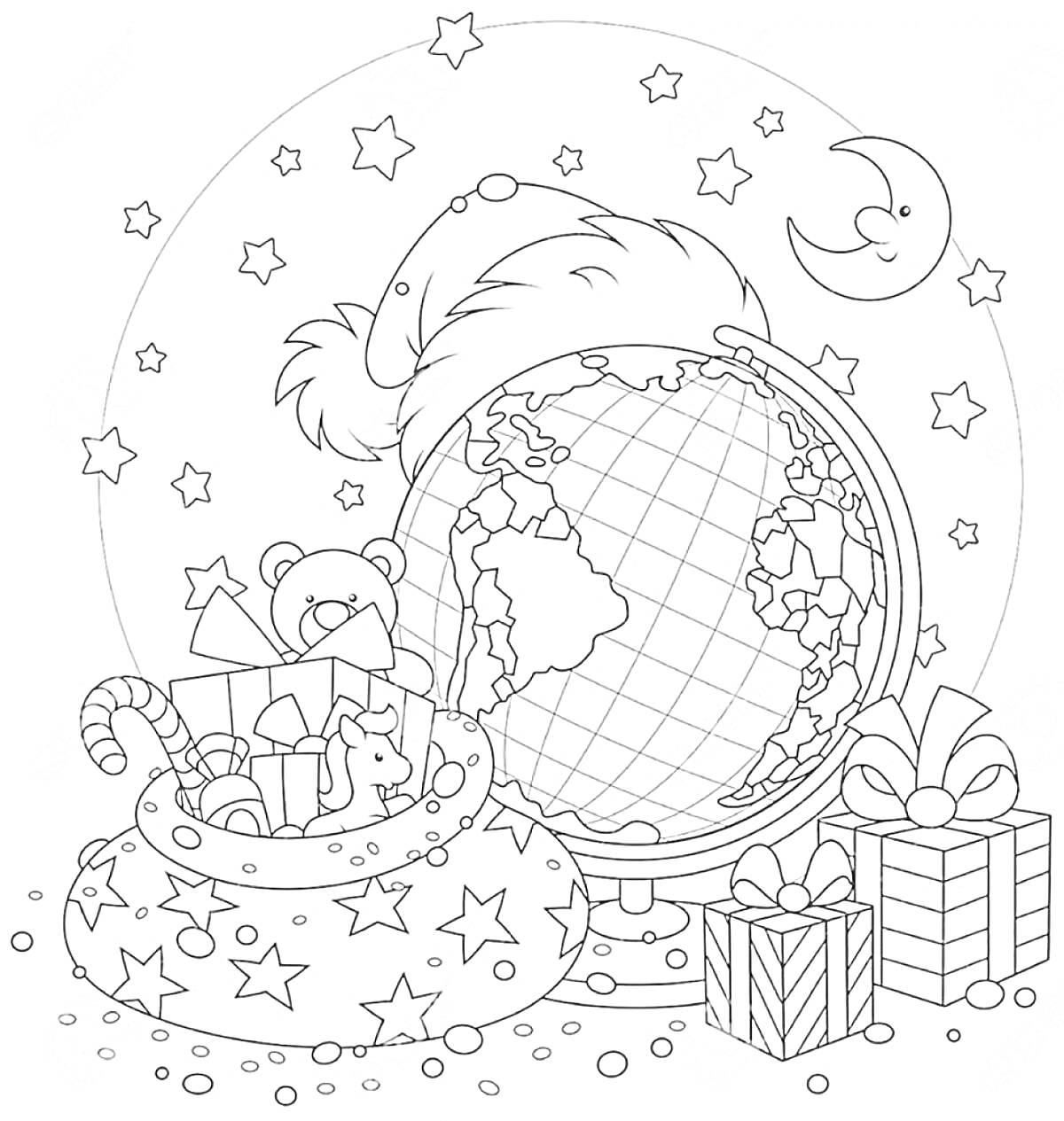 На раскраске изображено: Глобус, Подарки, Игрушки, Звезды, Новогодняя шапка, Конфеты, Луна, Медведь, Праздники