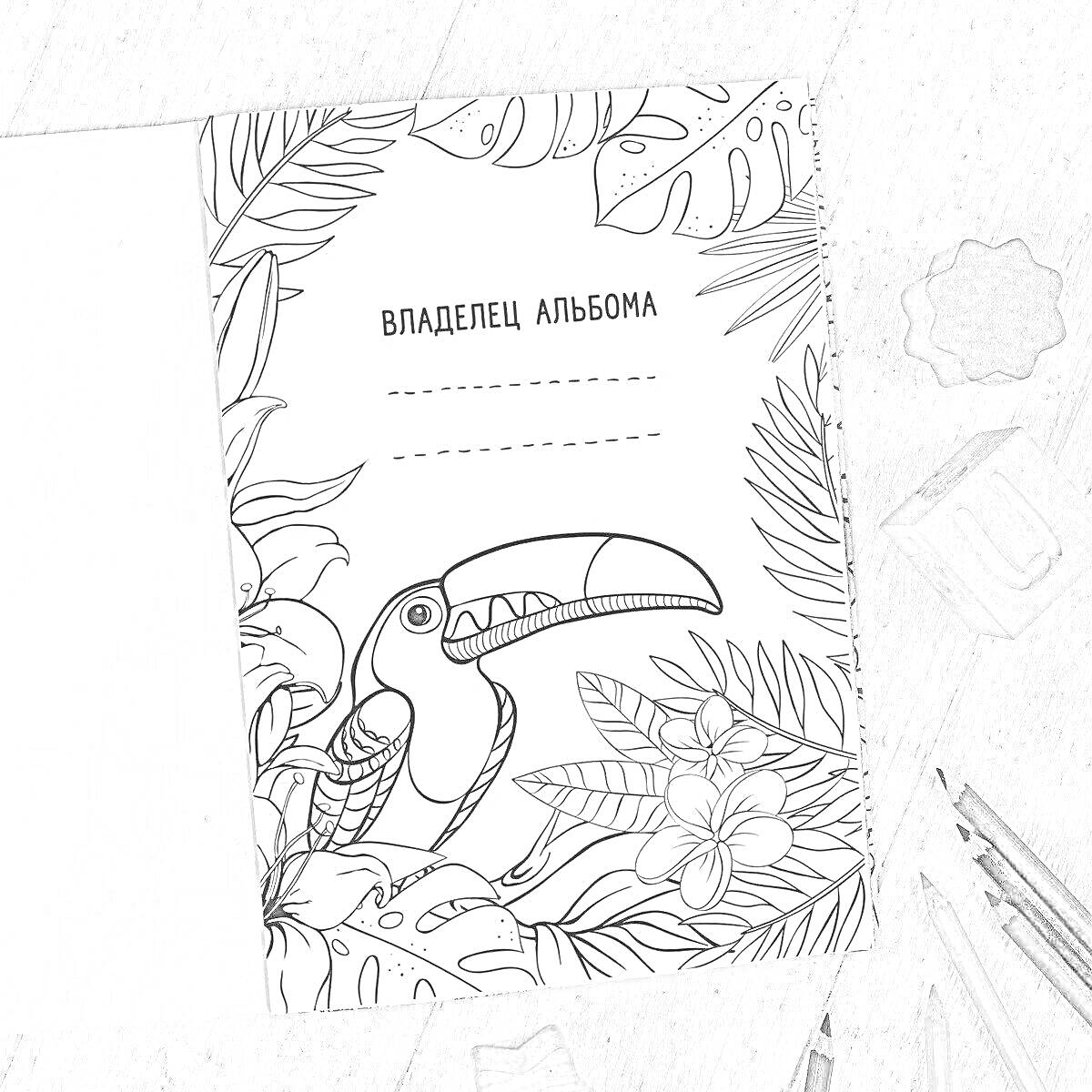 На раскраске изображено: Антистресс, Альбом, Тукан, Тропические листья, Цветы, Карандаши, Бумага