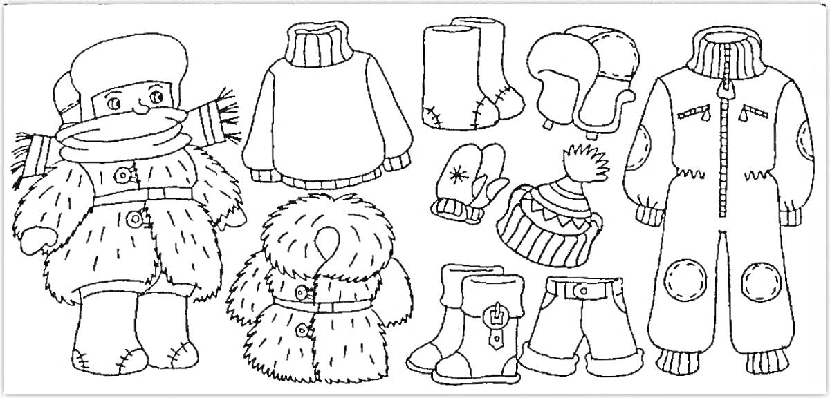 На раскраске изображено: Зимняя одежда, Пальто, Свитер, Сапоги, Шапка, Ботинки, Шарф, Для детей, Варежка
