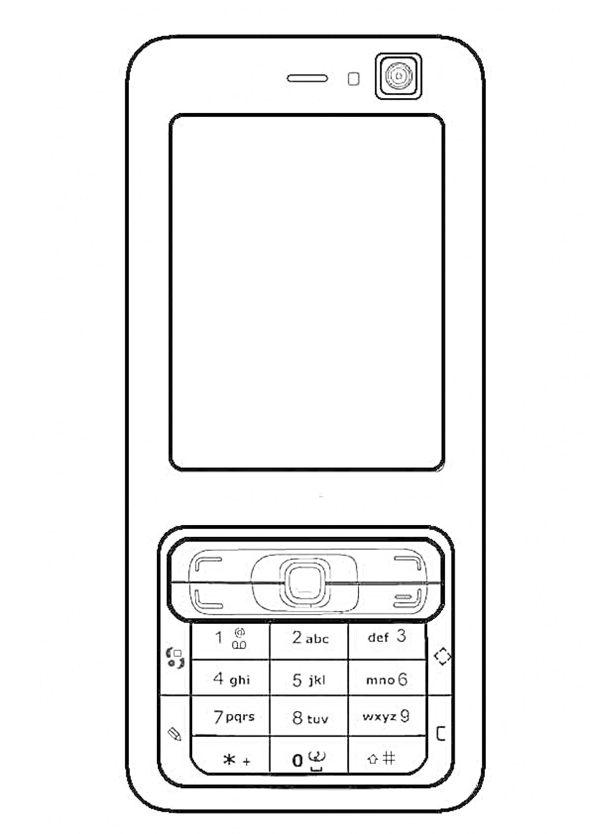 Раскраска Мобильный телефон с клавиатурой, экраном и камерой