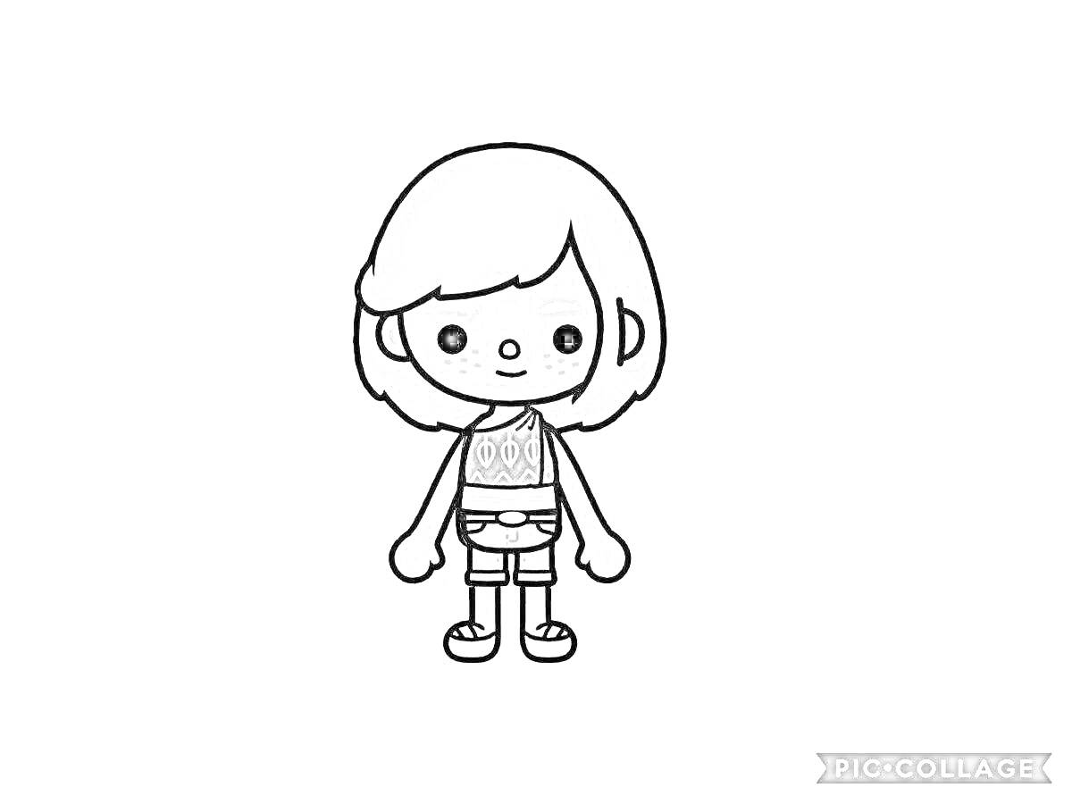 Раскраска Персонаж с короткими волосами, в майке и шортах, стоящий прямо