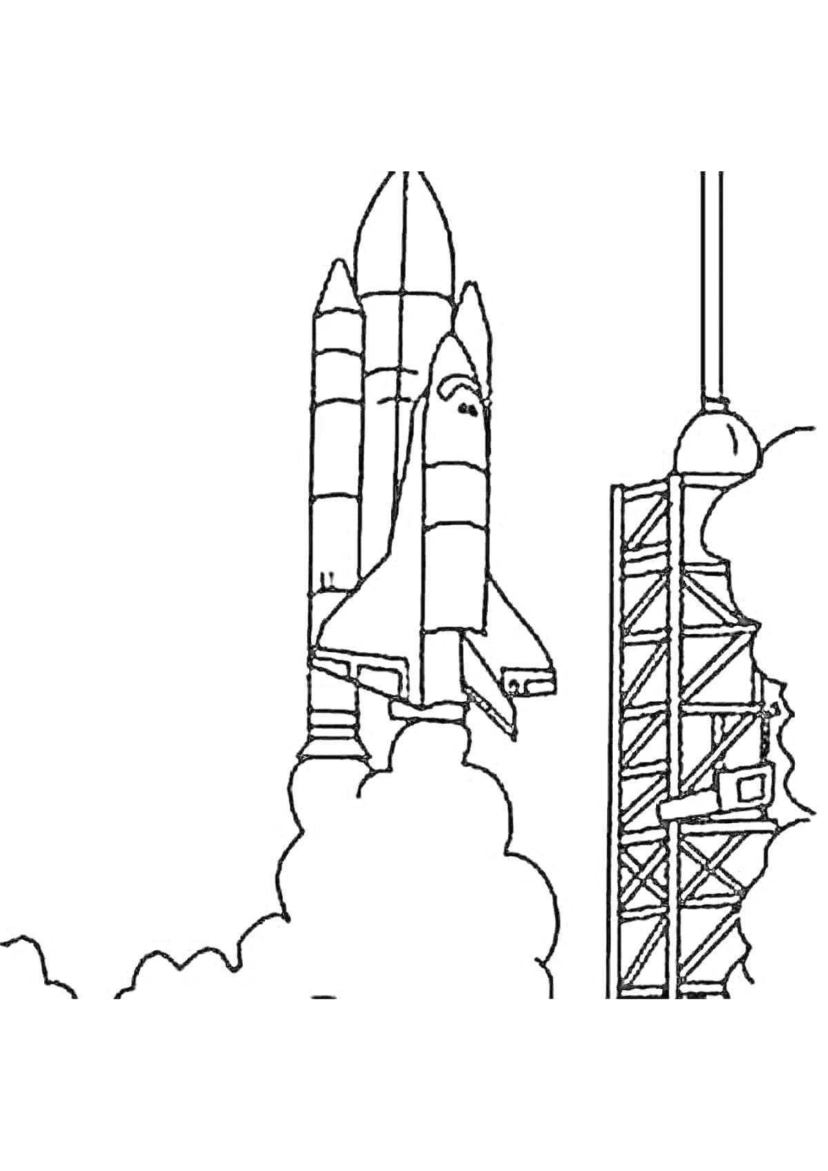 Раскраска Космическая ракета на старте с пусковой установкой и дымом