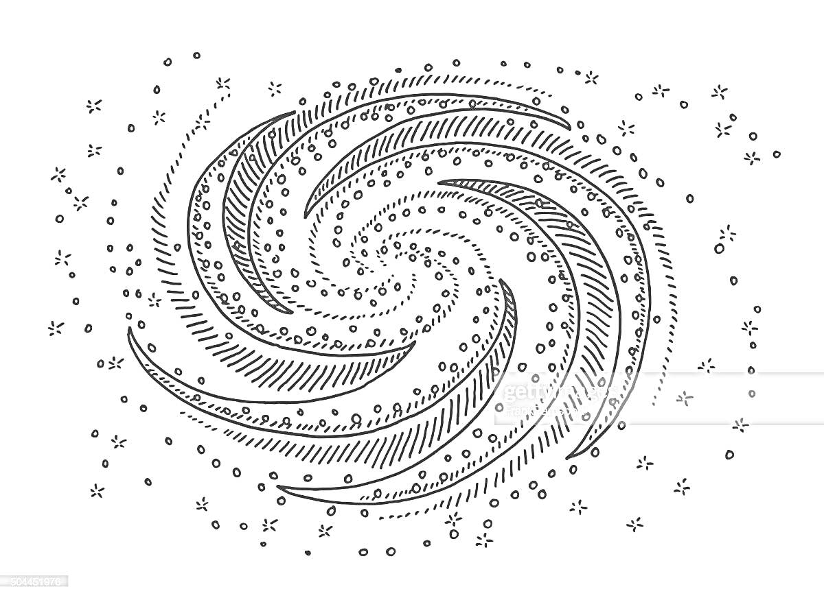 На раскраске изображено: Галактика, Звезды, Космос, Вселенная, Спираль, Астрономия, Астрофизика, Набросок