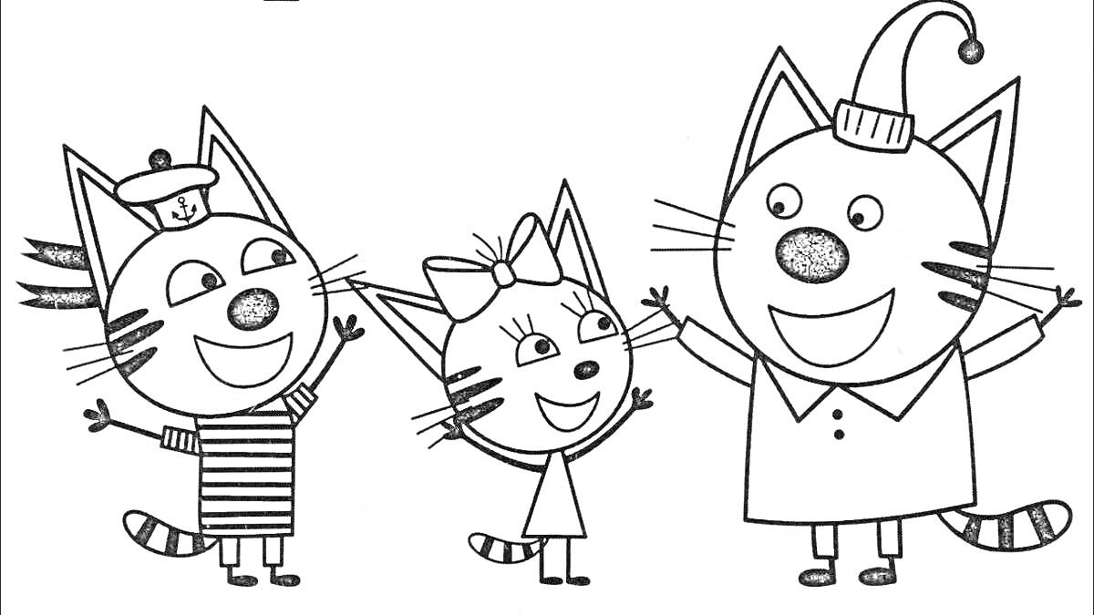 На раскраске изображено: Три кота, 2-3 года, Шапка, Бант, Из мультфильмов, Для детей, Кот