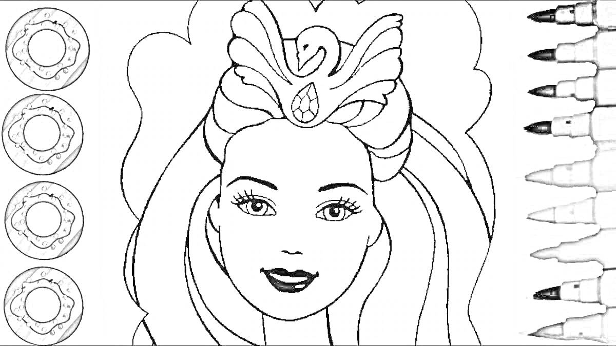 На раскраске изображено: Барби, Лицо, Корона, Лебедь, Палитра красок, Фломастеры