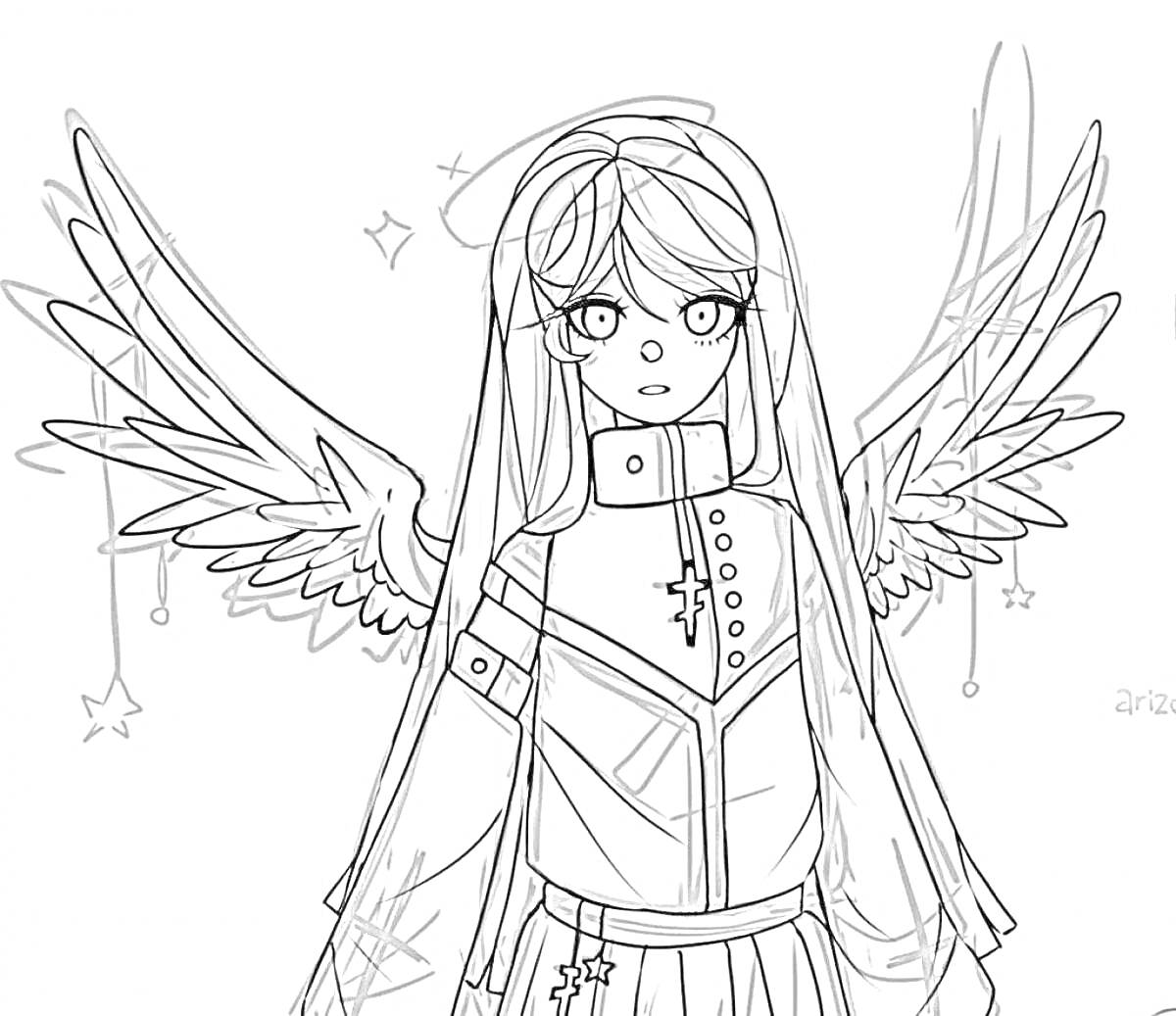 На раскраске изображено: Девочка, Ангельские крылья, Длинные волосы, Подвески, Большие глаза