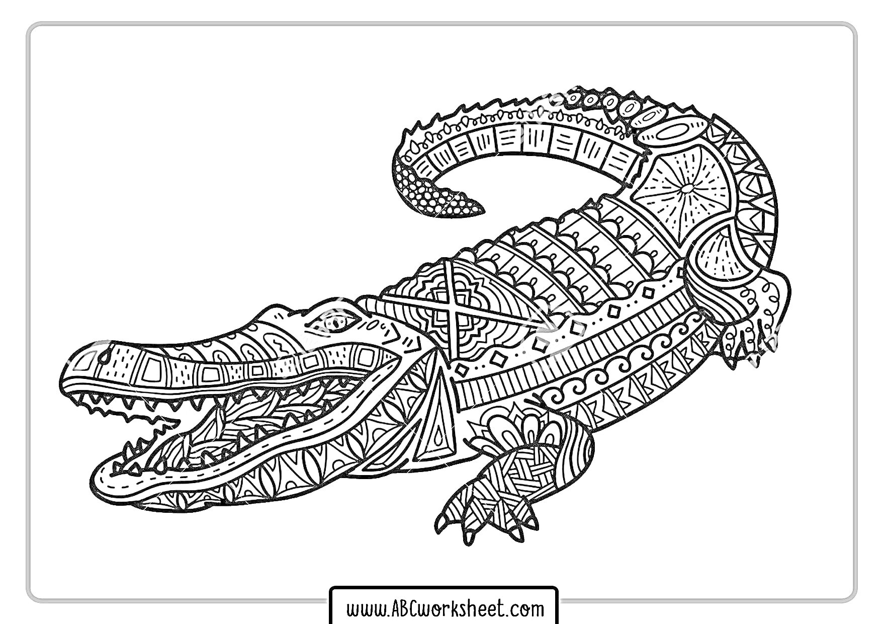 Раскраска Антистресс раскраска с крокодилом в узорах, детали на теле крокодила включают геометрические фигуры, линии и узоры
