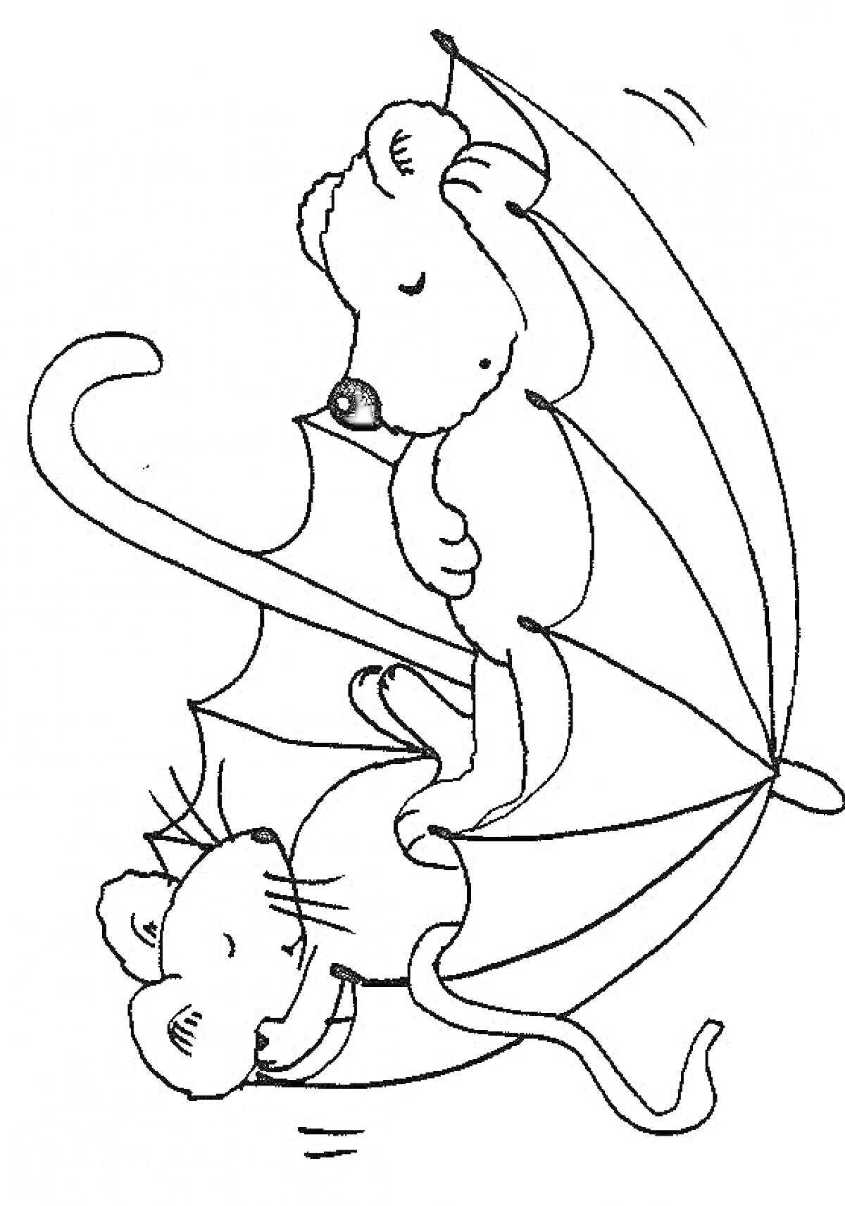 На раскраске изображено: Двое, Мультипликация, Мышь, Животные, Зонт, Контурные рисунки