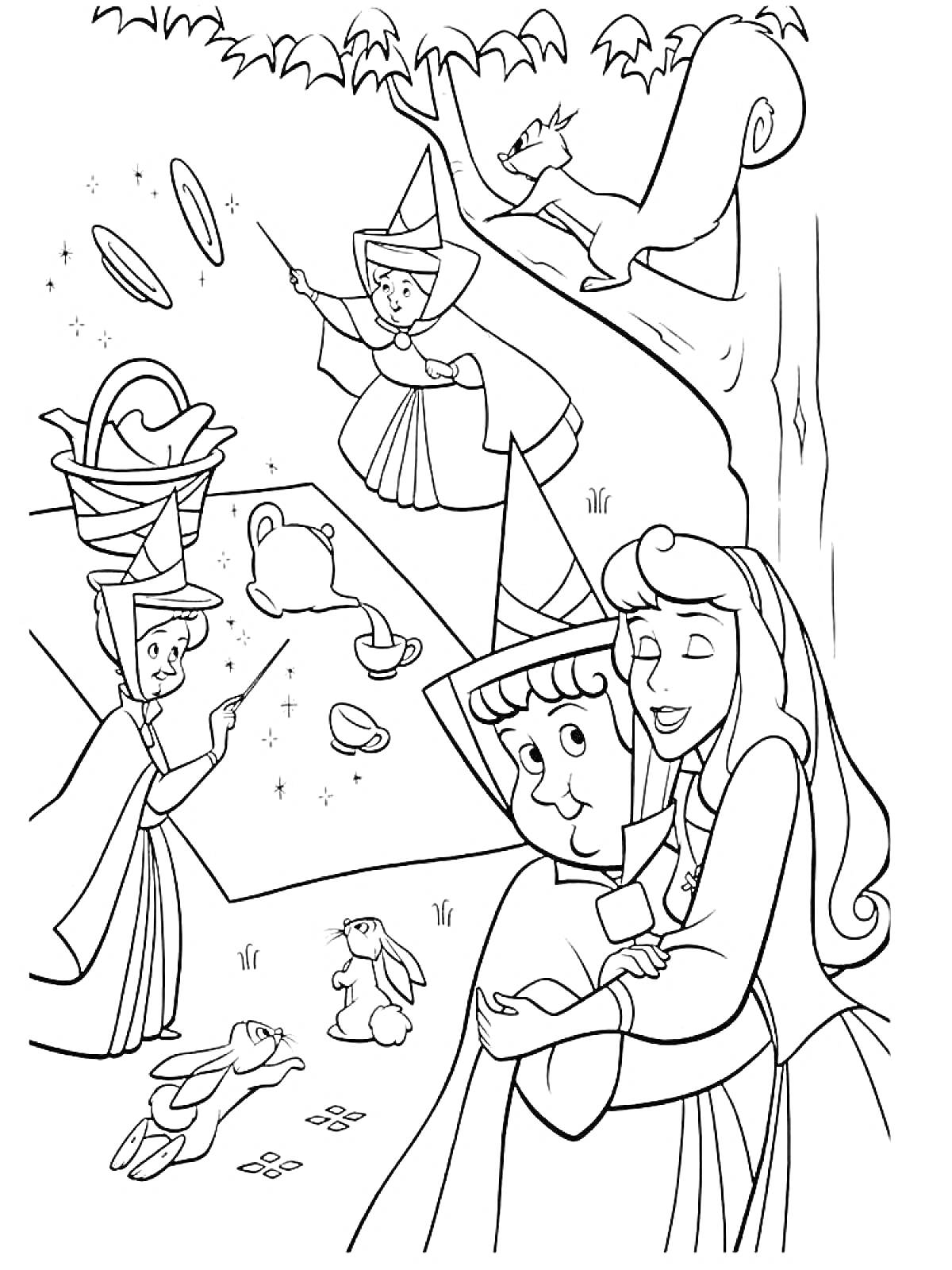 Раскраска Принцесса и волшебницы в лесу: объятия, магия, пикник и белка