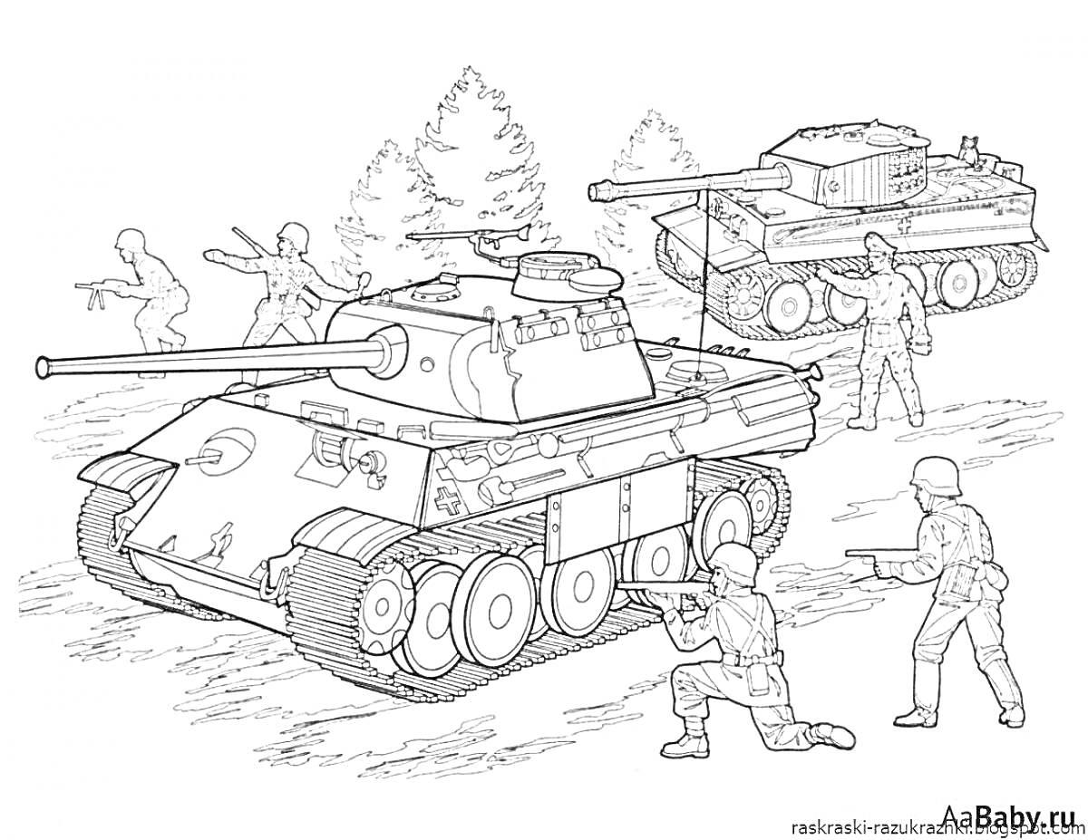 На раскраске изображено: Танк, Лес, Вторая мировая война, 1941-1945, Оружие, Боевые действия, Военная техника, Война