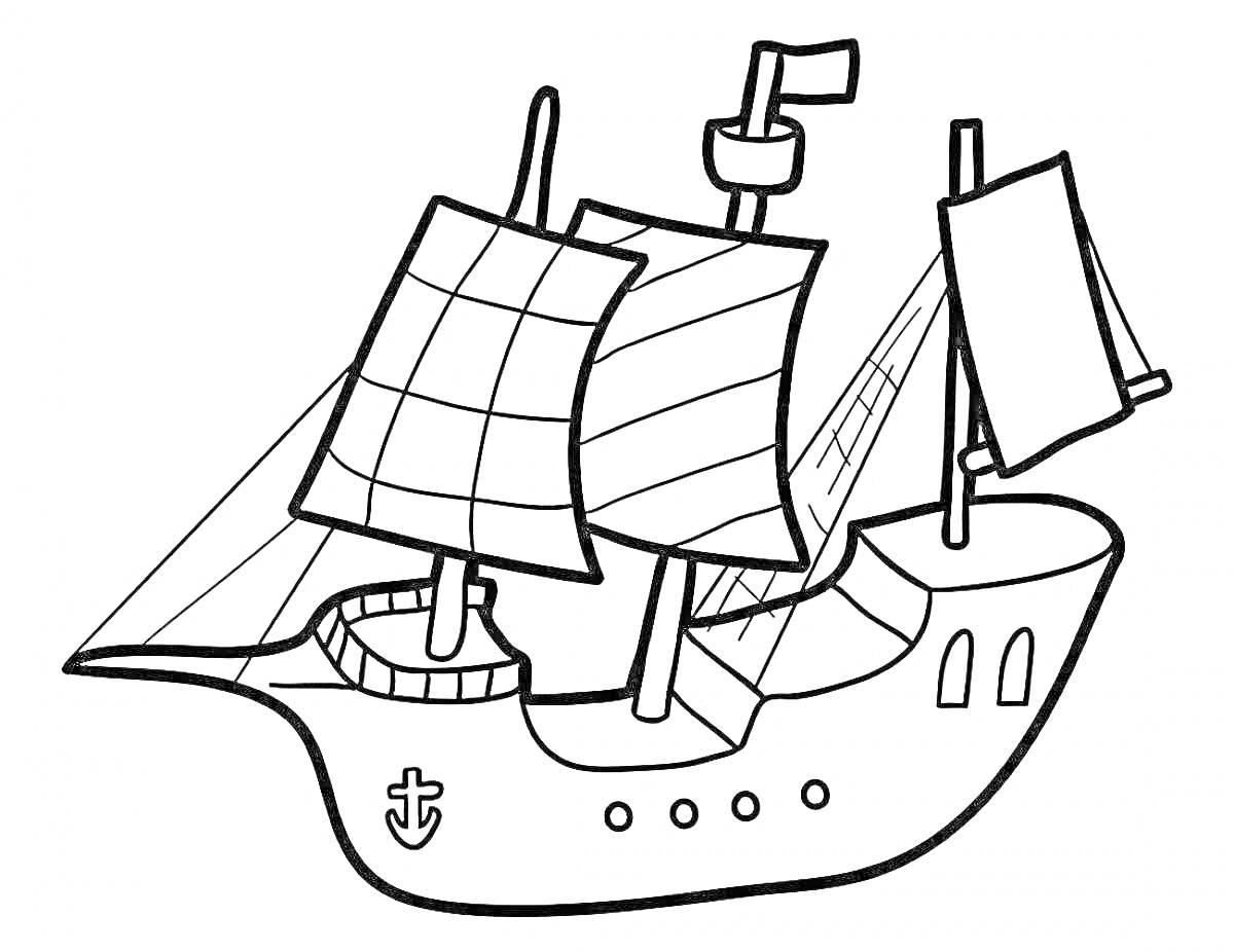 На раскраске изображено: Корабль, Мачта, Флаг, Море, Судно, 7 лет