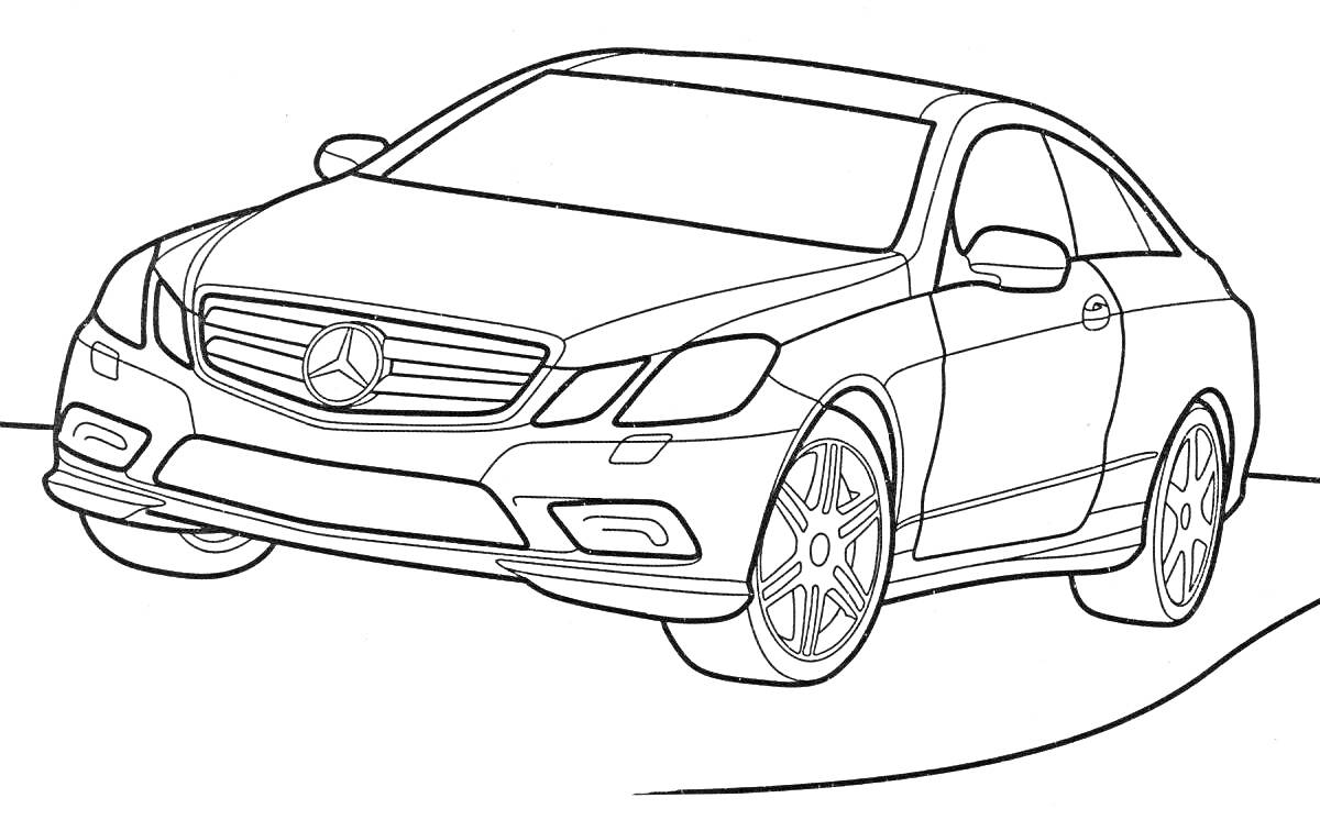 Раскраска Мерседес Бенц на дороге (передняя часть автомобиля, капот, фары, решетка радиатора с логотипом Мерседес Бенц, колеса, боковое зеркало заднего вида, дорога)