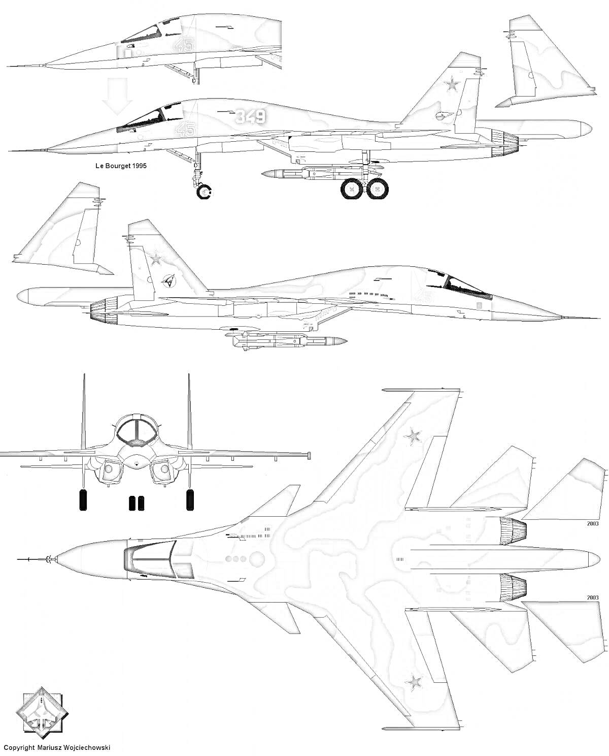 Раскраска Су-27 с изображением различных ракурсов и покраски, вид сверху, сбоку и спереди