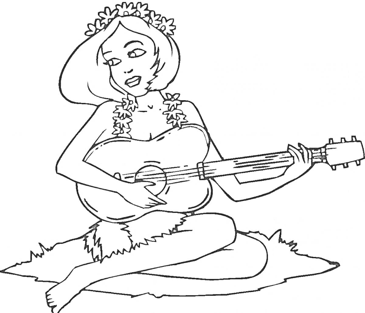Девушка в цветочном венке и юбке играет на гитаре, сидя на траве.