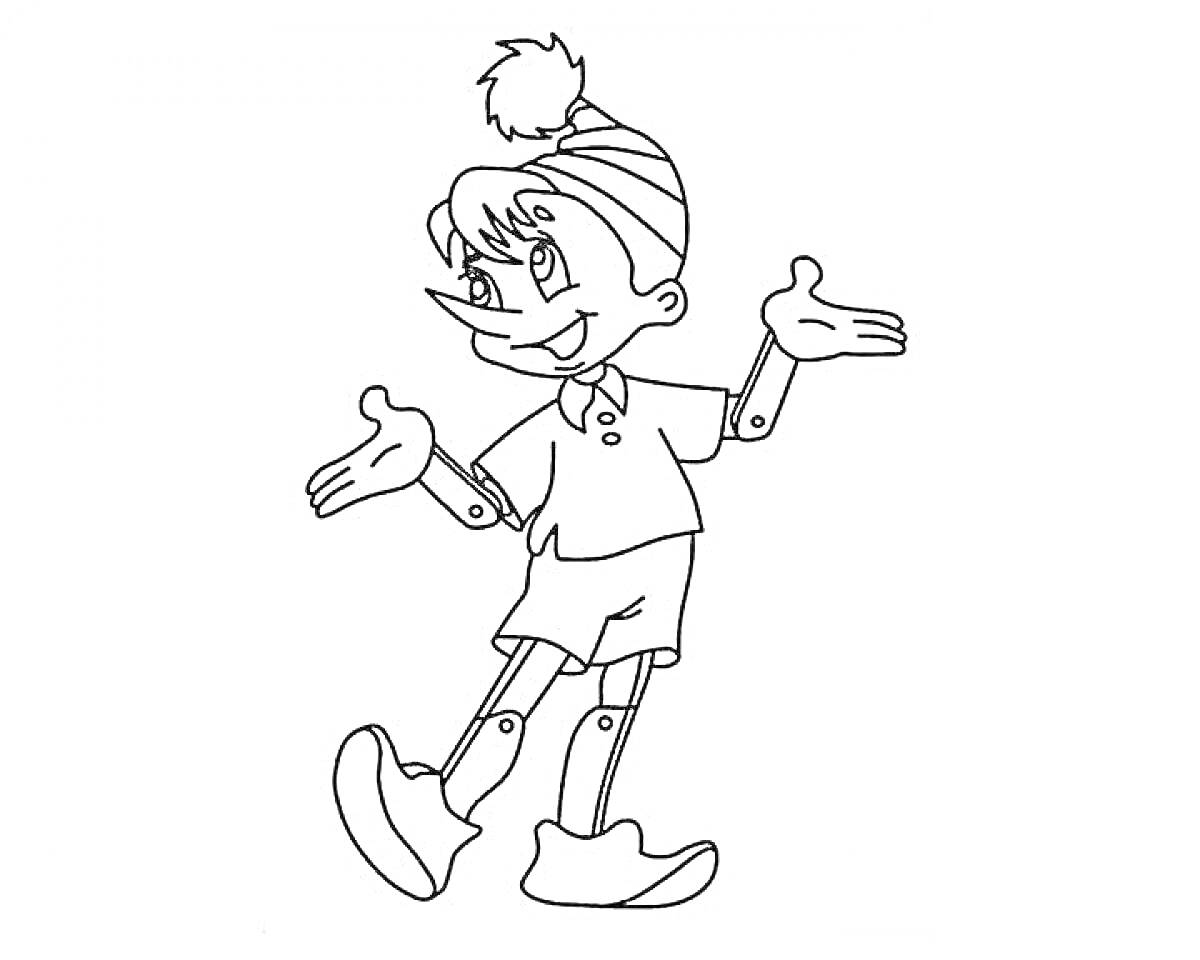 Раскраска Буратино в полосатой шапке с кисточкой, рубашке и коротких штанах, стоящий с разведенными руками