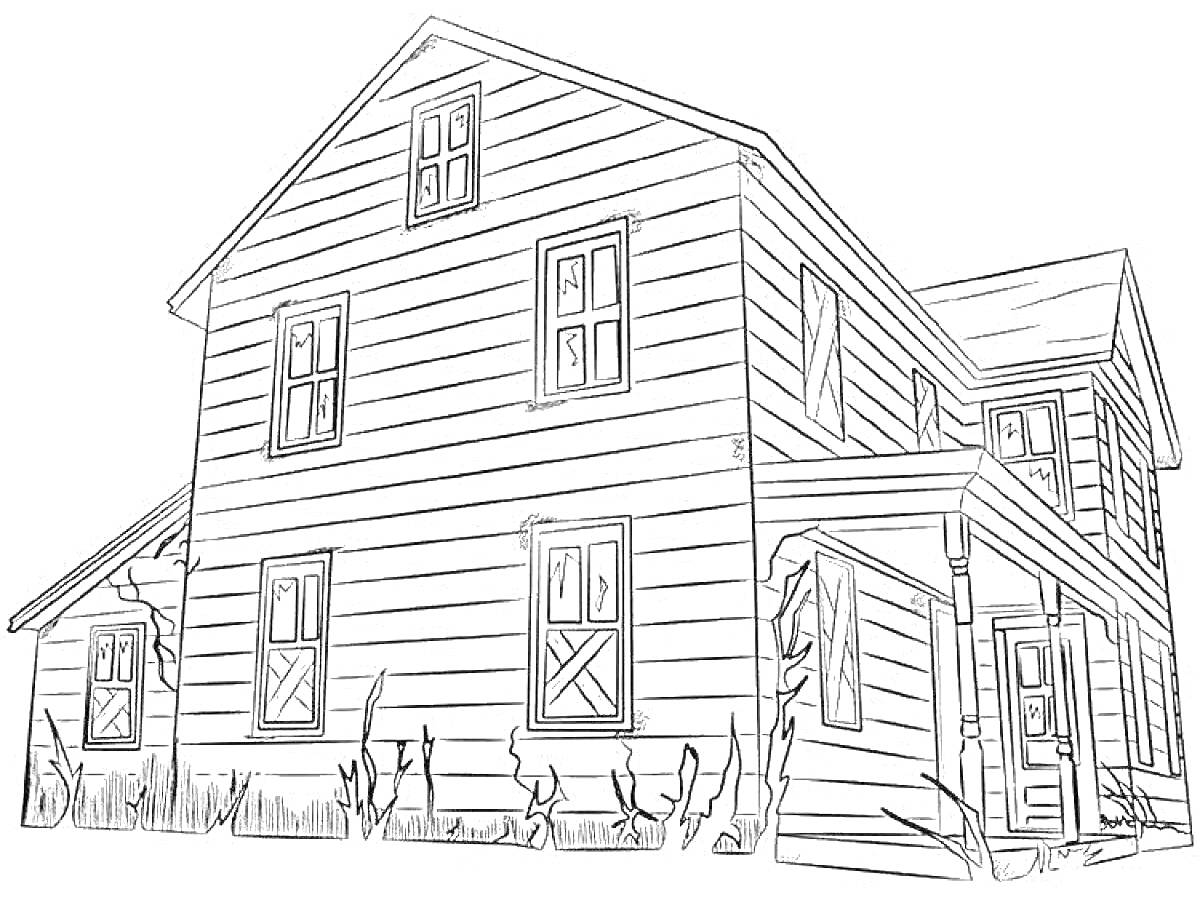 На раскраске изображено: Деревянный дом, Окна, Крыльцо, Трава, Архитектура, Дом, Строение, Природа
