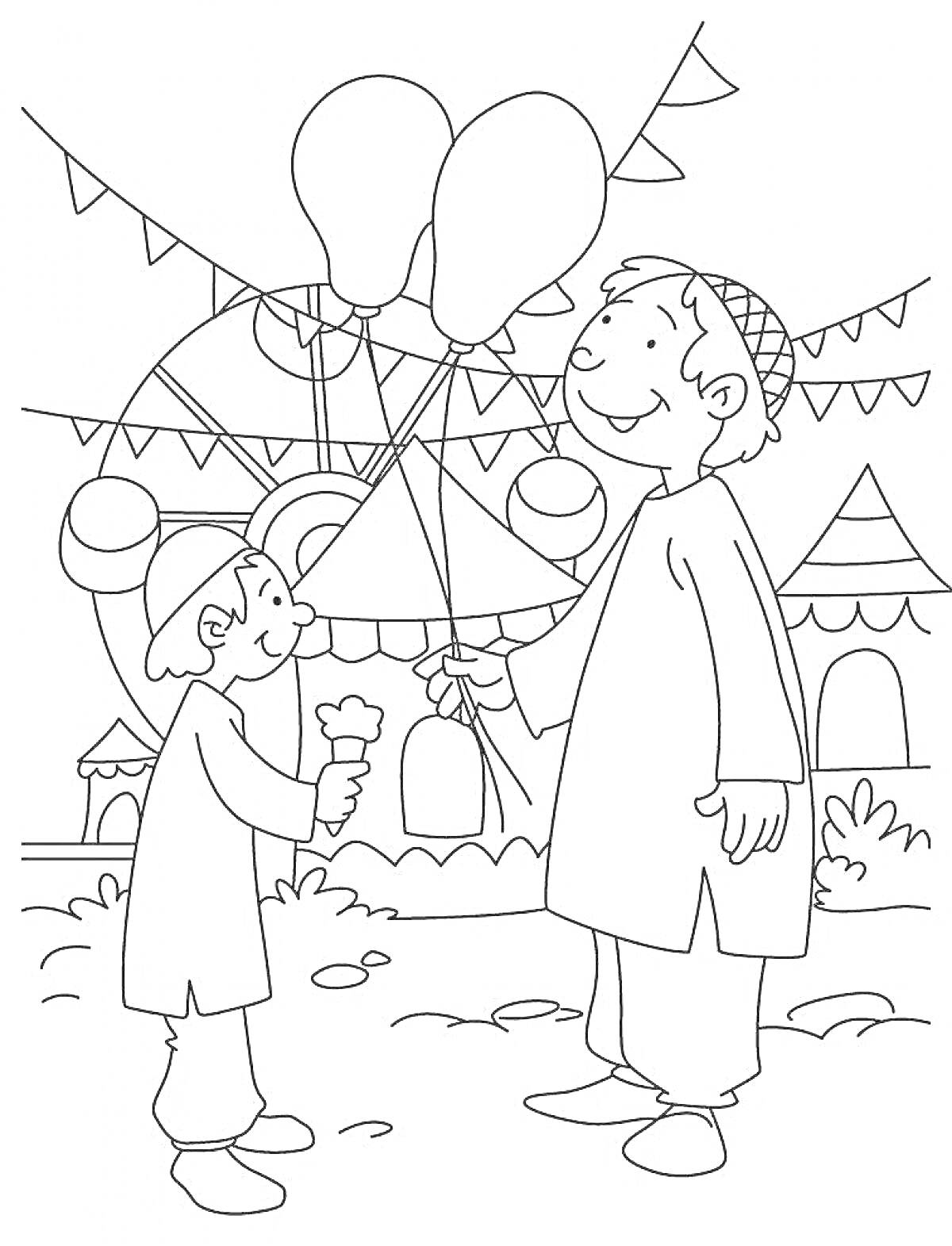 На раскраске изображено: Наурыз, Мороженое, Воздушные шары, Ярмарка, Шатры