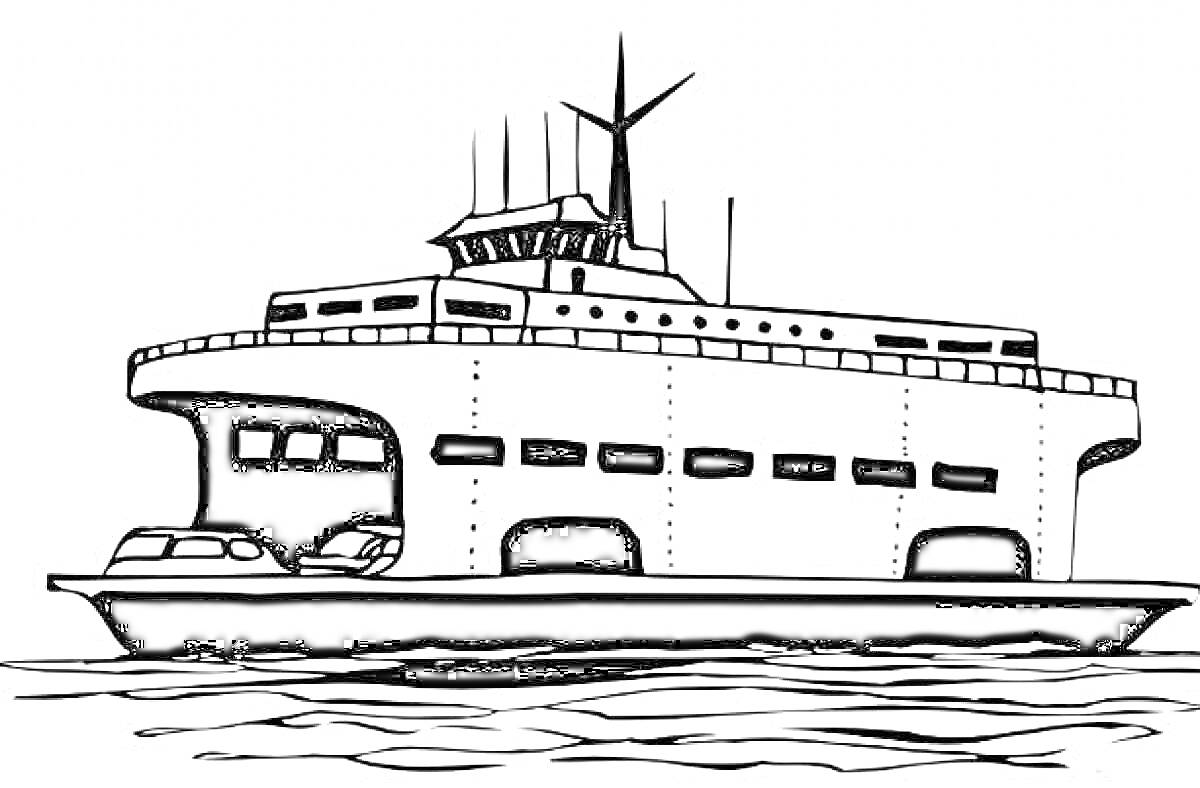 На раскраске изображено: Вода, Иллюминаторы, Мачта, Транспорт, Море, Корабль, Судно, Авто