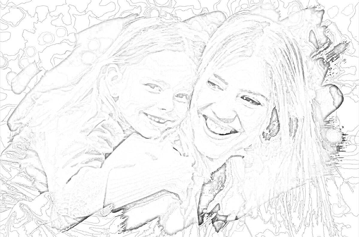 Раскраска Женщина и девочка с длинными волосами улыбаются и обнимаются на фоне абстрактного рисунка.