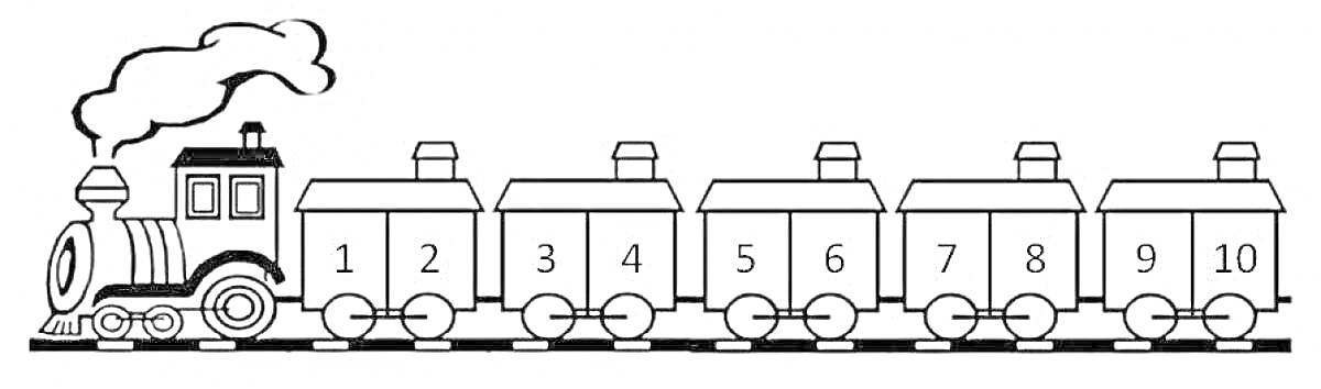 На раскраске изображено: Паровоз, Вагоны, Транспорт, Железная дорога, Поезд