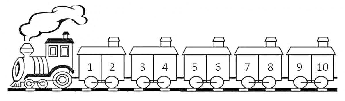 Раскраска Паровоз с десятью вагонами, вагоны пронумерованы от 1 до 10