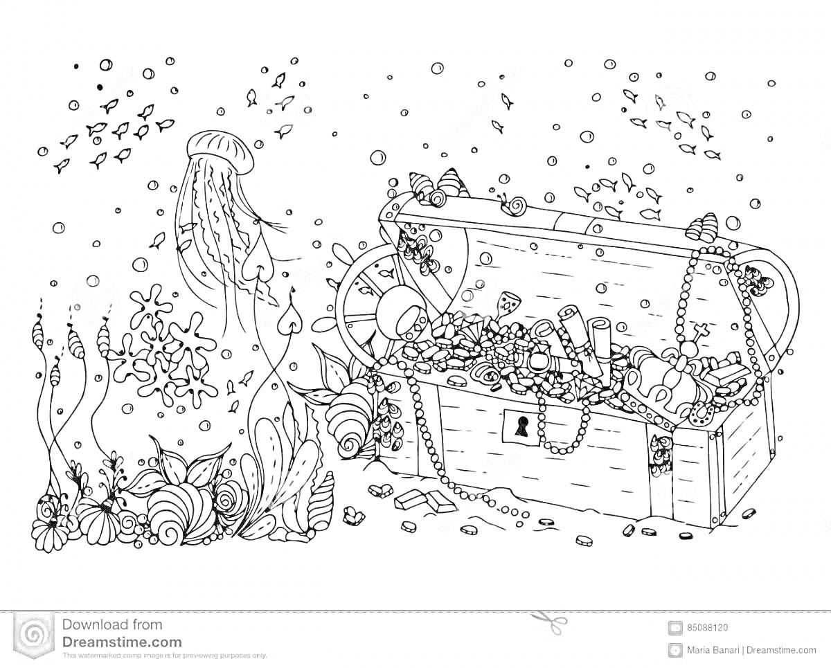 Подводные сокровища с сундуком, медузой и морскими растениями