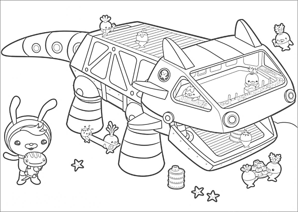 На раскраске изображено: Октонавты, Подводная лодка, Звезды, Морковь, Приключения, Подводный мир, Для детей, Морские животные