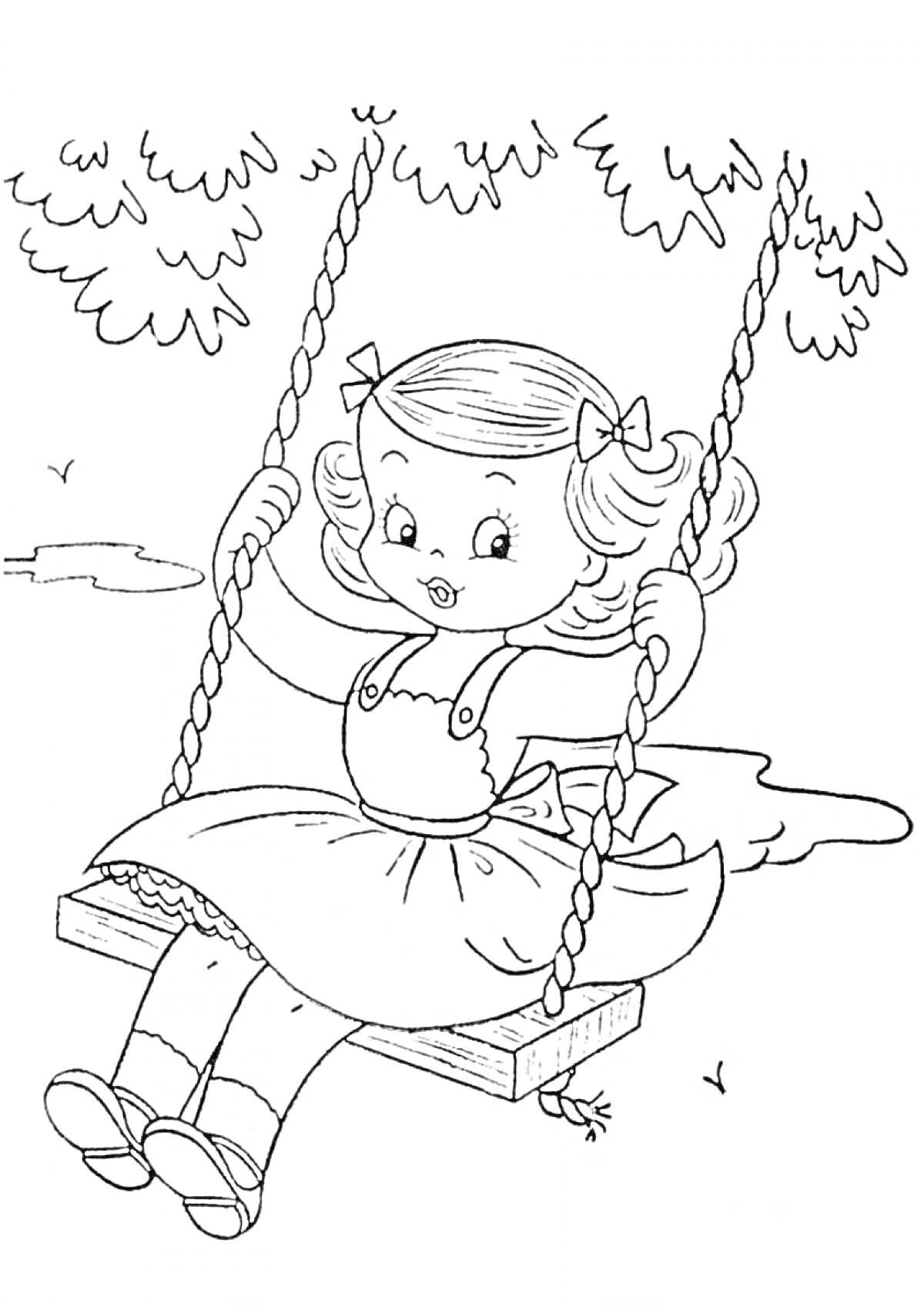 Раскраска Девочка на качелях под деревом, облачко на заднем плане