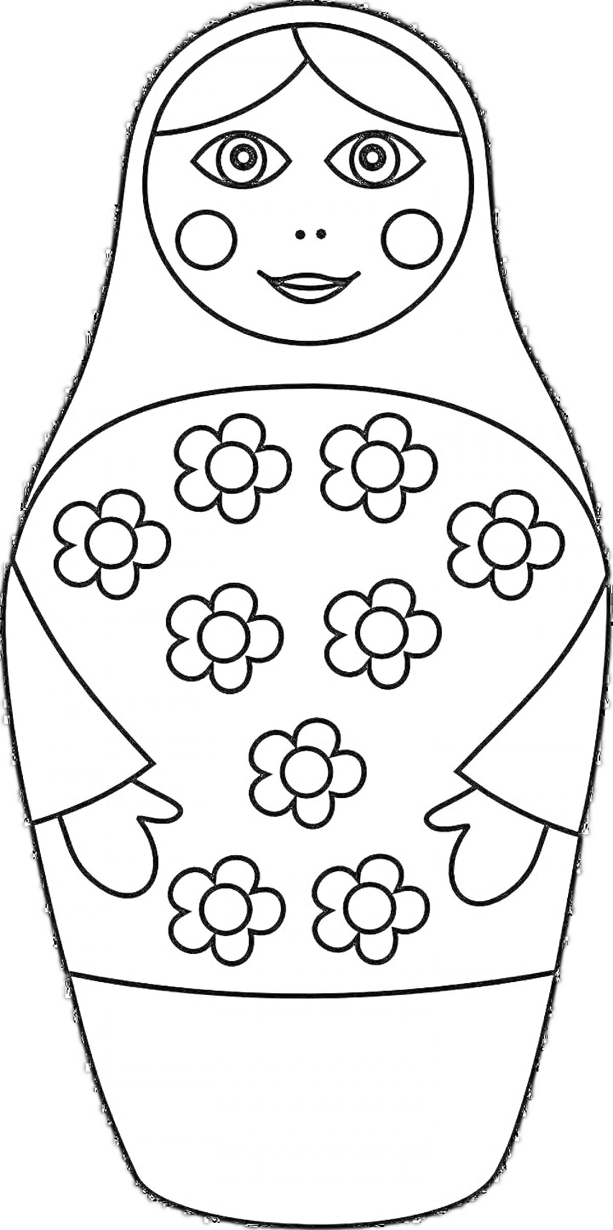 Раскраска Матрешка с цветочным узором в виде цветков и круглых щечек