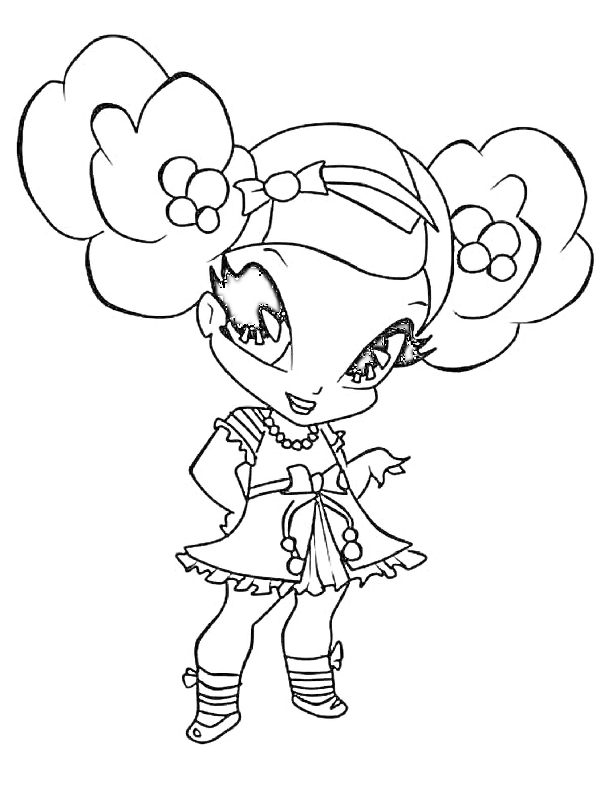 Раскраска Пикси с большими глазами, двумя пышными прическами с цветами, в платье и на каблуках