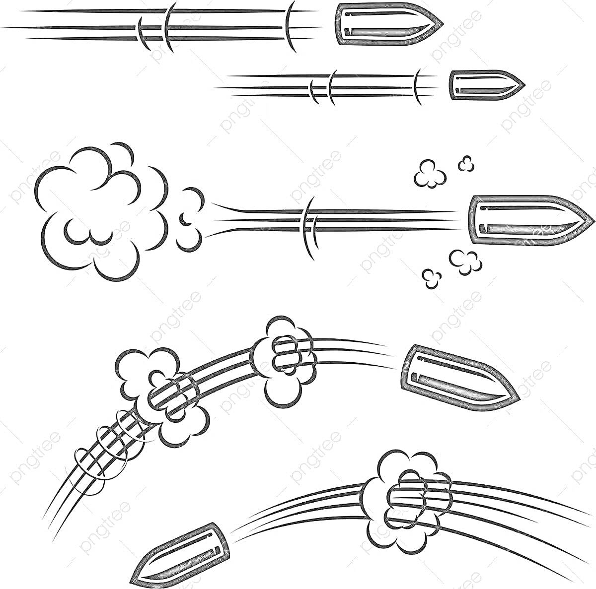 Пули в полёте с разными элементами: линии движения, облака дыма, искры