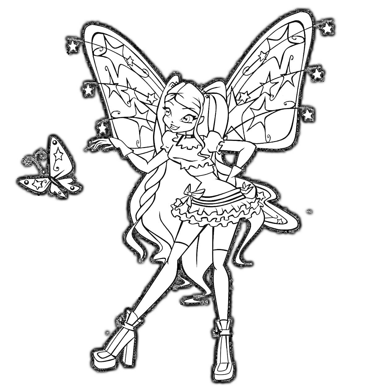 Раскраска Фея с крыльями со звездами и бабочкой, стоящая в платье и с высокими ботинками
