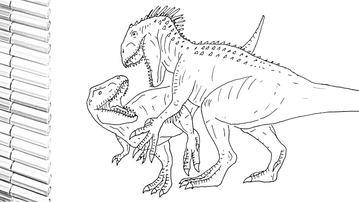  Индоминус Рекс сражается с другим динозавром, набор цветных карандашей