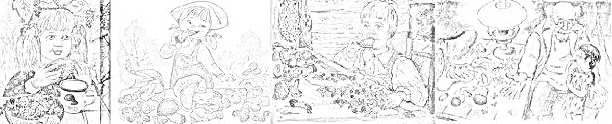 Раскраска Девочка с чашкой в лесу, хлопчик на поляне с грибами и цветами, девочка за столом с грибами, дети с корзинами, собирающие грибы