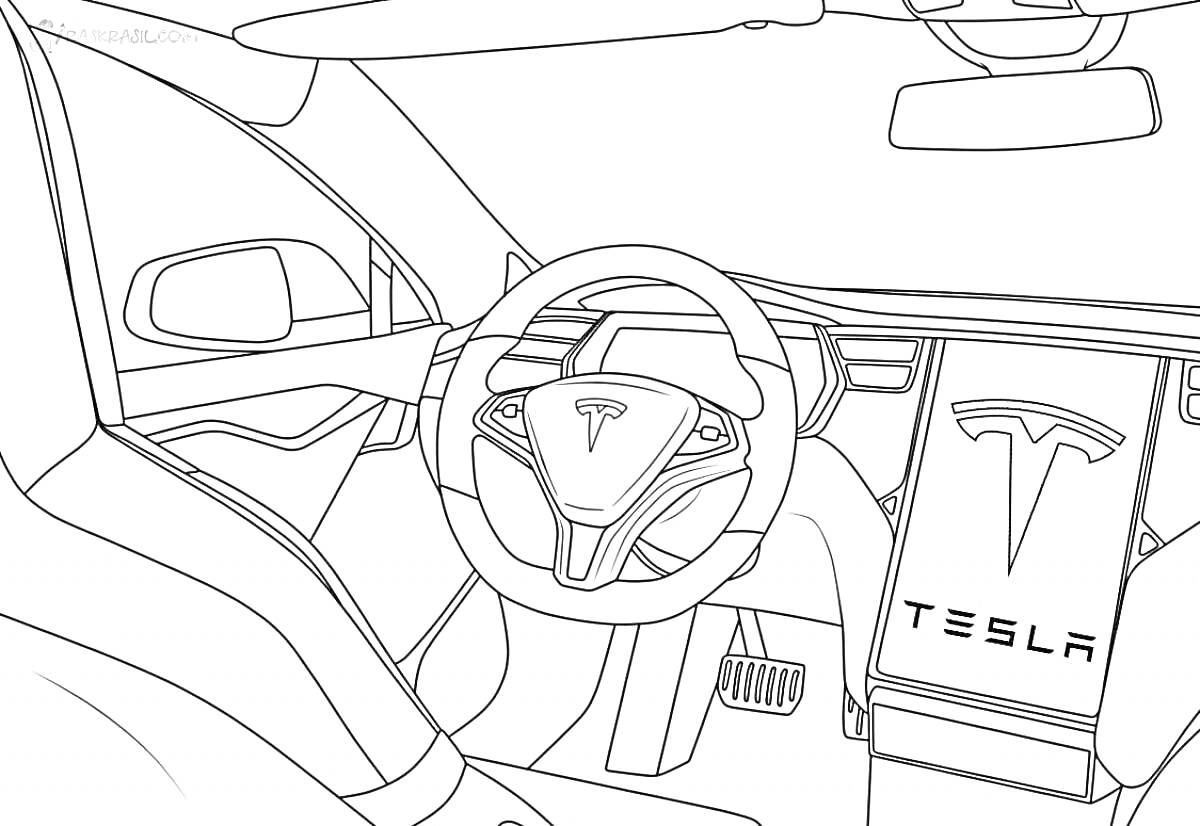 Раскраска Интерьер автомобиля Tesla, вид изнутри с рулевым колесом и центральной консолью