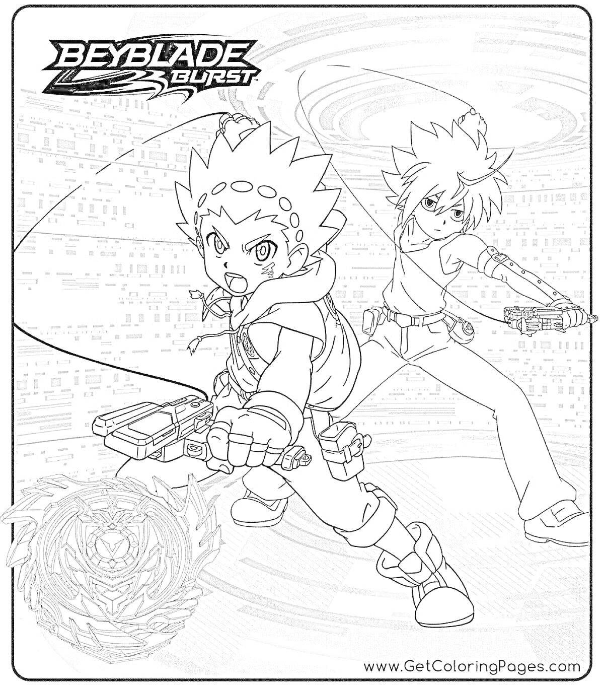 Персонажи из Beyblade Burst с бейблэйдами на фоне абстрактного узора.