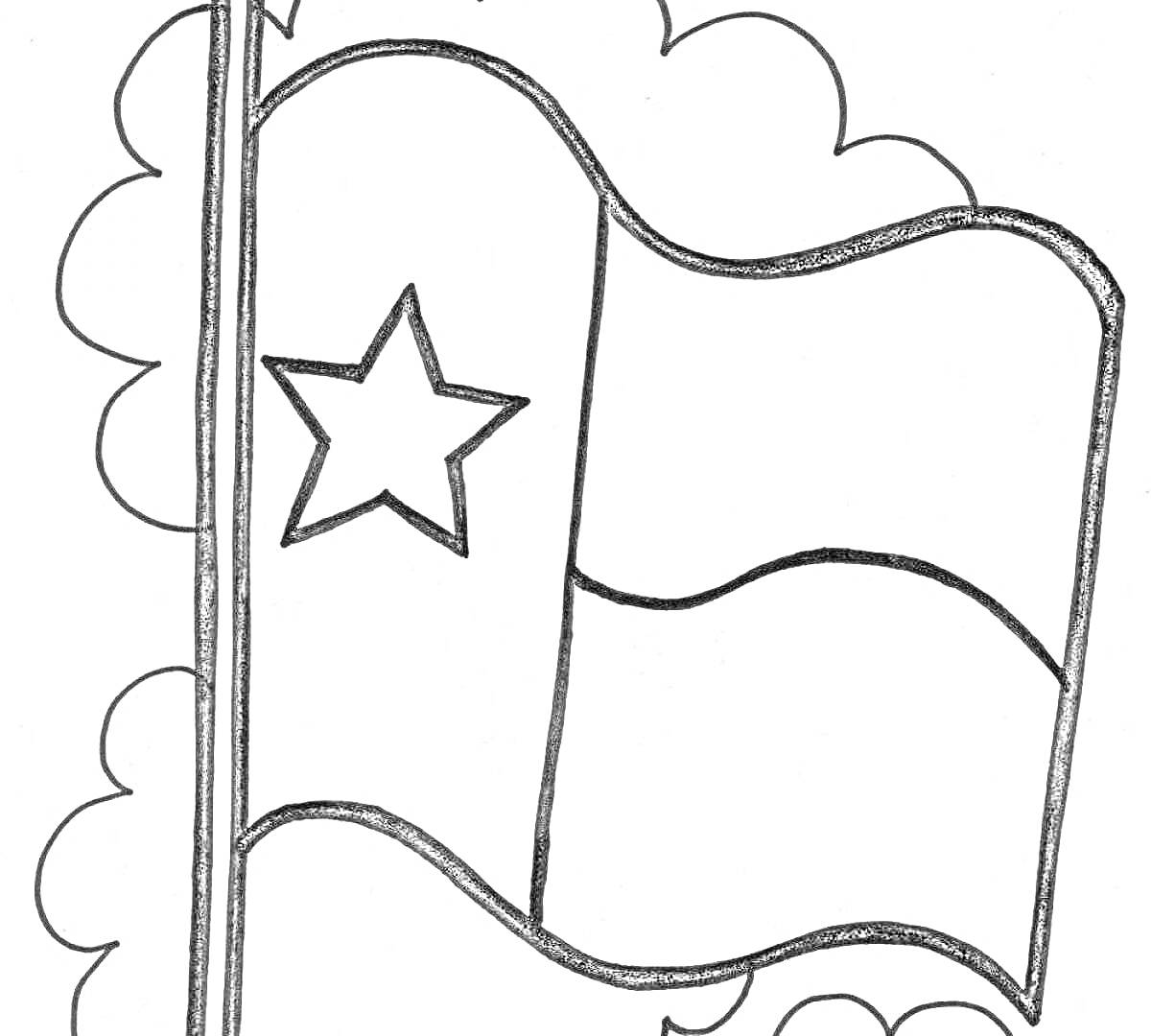 Раскраска Флаг с тремя горизонтальными полосами и звездой, на фоне облаков
