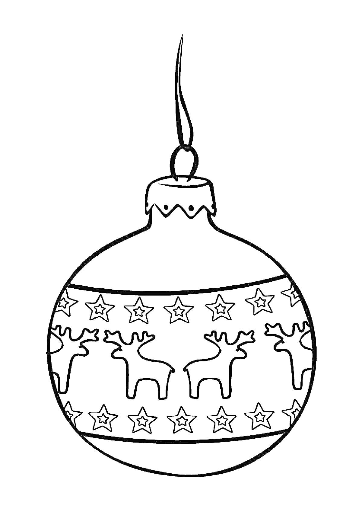 Раскраска Новогодний шар с узором из оленей и звезд