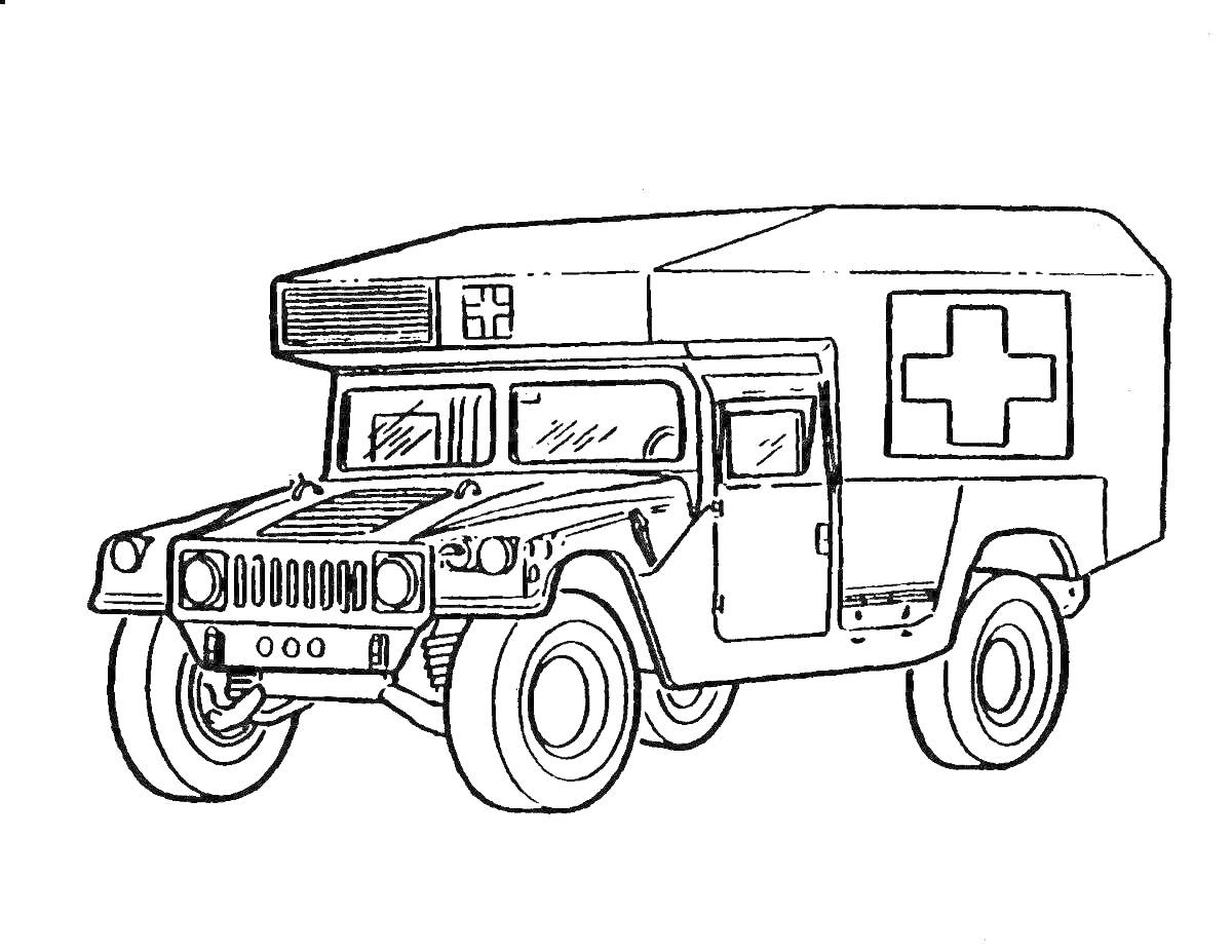 На раскраске изображено: Военная машина, Крест, Военная техника, Транспорт, Армия, Медицина