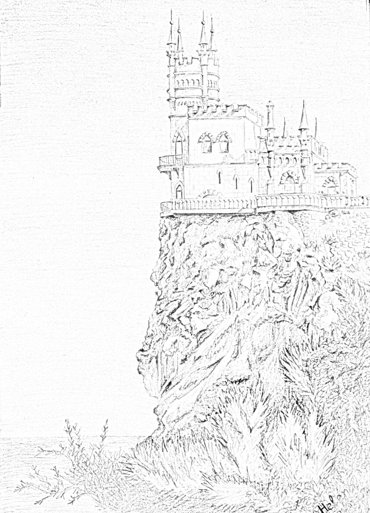 На раскраске изображено: Ласточкино гнездо, Замок, Утес, Море, Кусты, Архитектура, Природа, Исторические здания