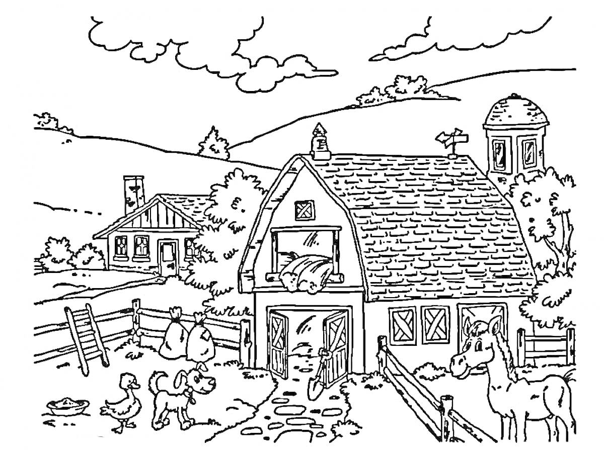 Раскраска Ферма с хлевом, козой, цыплёнком, собакой, изгородью, перекладиной, домом и голубым небом