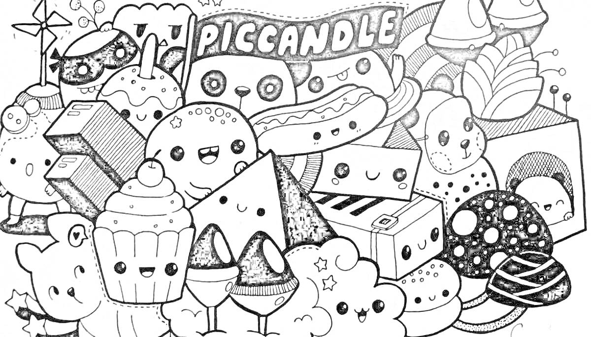 Дудлы на скетчбуке с изображениями пончика, панд, пирамидки, маски для сна, свечи, черепахи, мороженого, кактуса, пурпурного гриба, капкейка, ноутбука, напитков, облаков и музыкального инструмента