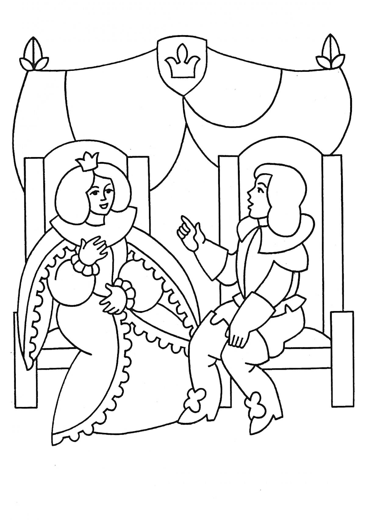 На раскраске изображено: Королева, Трон, Мужчина, Корона, Дворец, Беседа