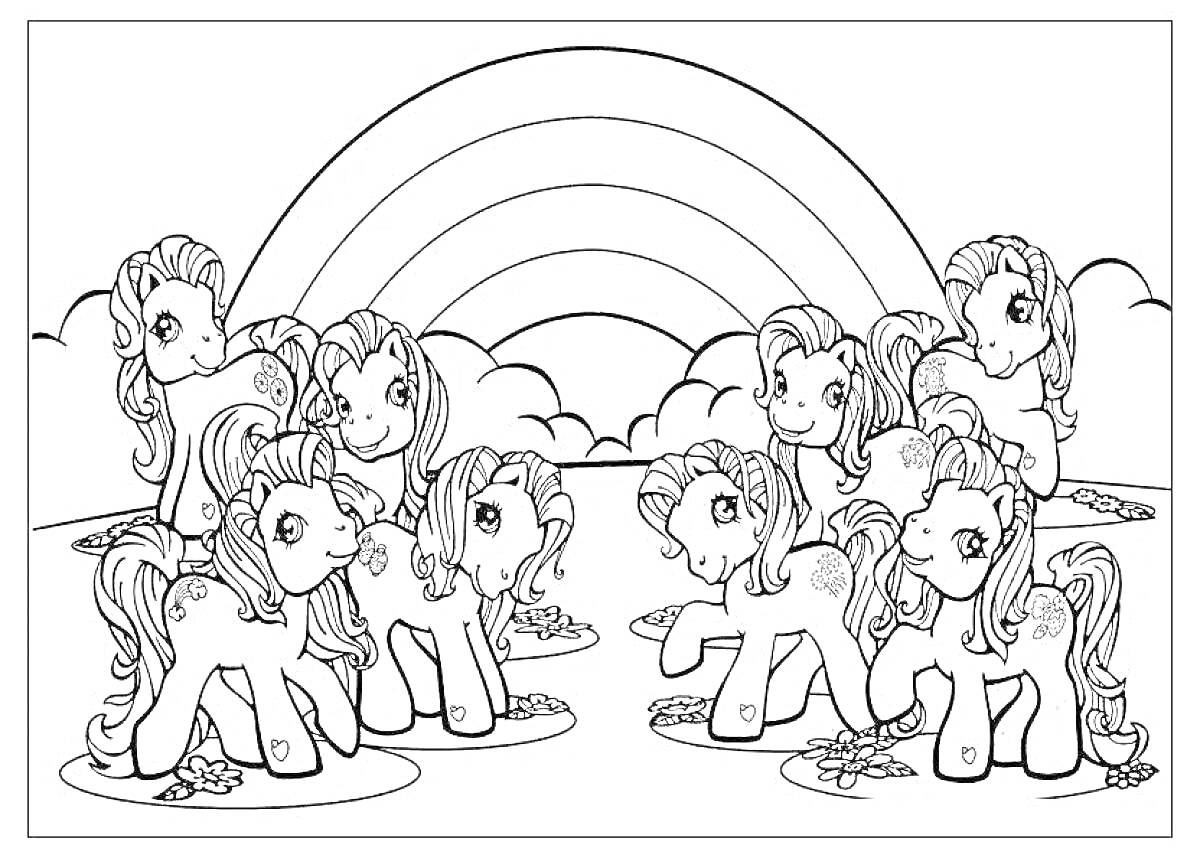 На раскраске изображено: Пони, Поляна, Для мальчиков, Облака, Дружба, Для детей, Радуги