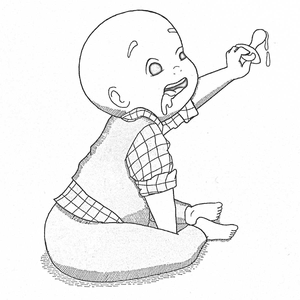 Раскраска Малыш в клетчатой рубашке с подтяжками сидит и держит ложку